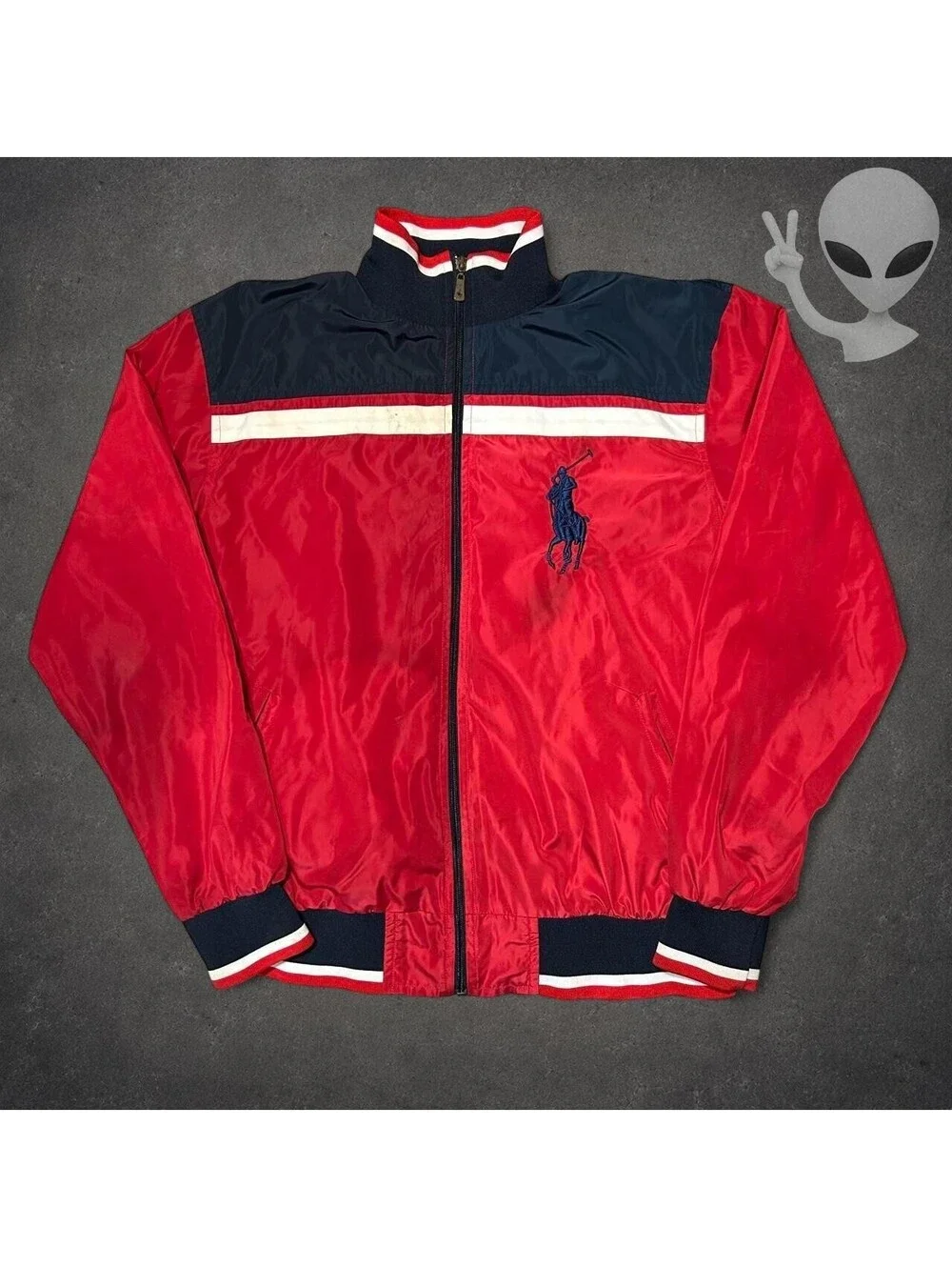 Polo Ralph Lauren Big Pony Full Zip Windbreaker Jacket Mens US XL Red Navy